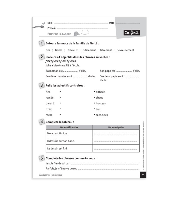Rallye lecture CE - Les émotions - Fiches d'exploitations